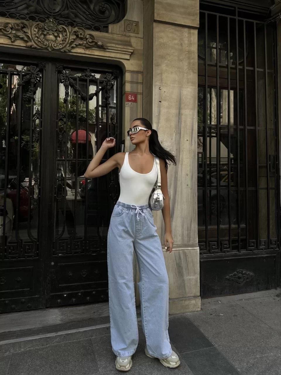 Kadın Arkadan Yırtmaçlı Jeans Kot Palazzo Pantolon - Mavi