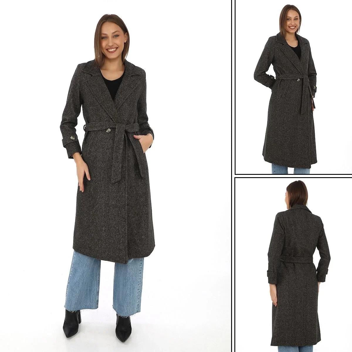 Kadın Balık Sırtı Kaşe Kaban – Uzun Boy Kruvaze Yaka Kuşaklı Astarlı Kışlık Tesettür Kaban, Yünlü Dokuma Kaşmir Kumaş, Cepli Rahat Oversize Kalıp Şık Modern Kaban Mont Modeli (Günlük ve Özel Gün Kombinlerine Uygun) - Kahverengi