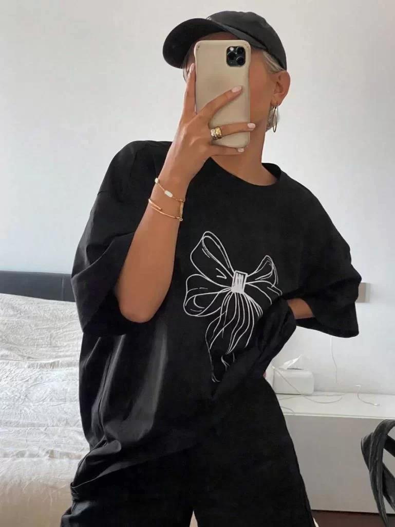 Kadın Baskılı Oversize T-shirt - Siyah