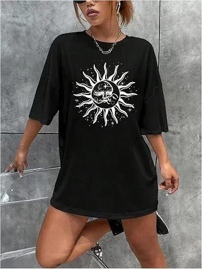 Kadın Bisiklet Yaka Baskılı T-shirt - Siyah