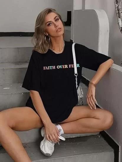 Kadın Bisiklet Yaka Baskılı T-shirt - Siyah
