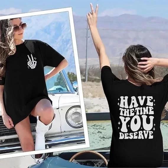 Kadın Bisiklet Yaka Kısa Kol Baskılı T-shirt - Siyah