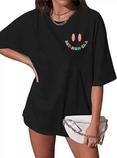 Kadın Bisiklet Yaka Kısa Kol Baskılı T-shirt - Siyah