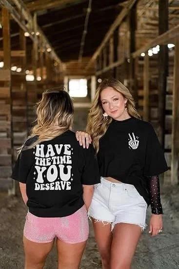 Kadın Bisiklet Yaka Kısa Kol Baskılı T-shirt - Siyah