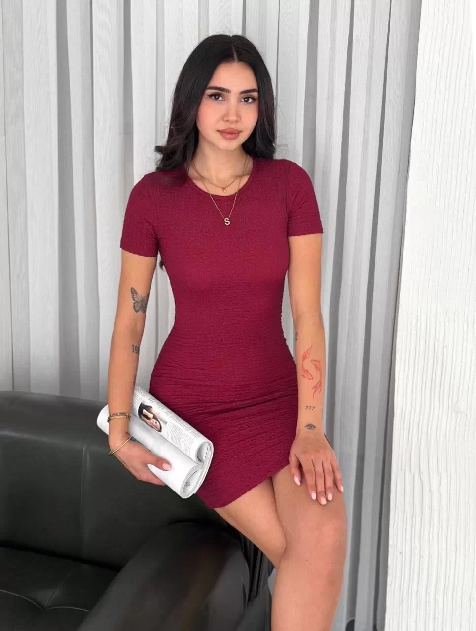 Kadın Bisiklet Yaka Kısa Kol Likralı Elbise - Bordo
