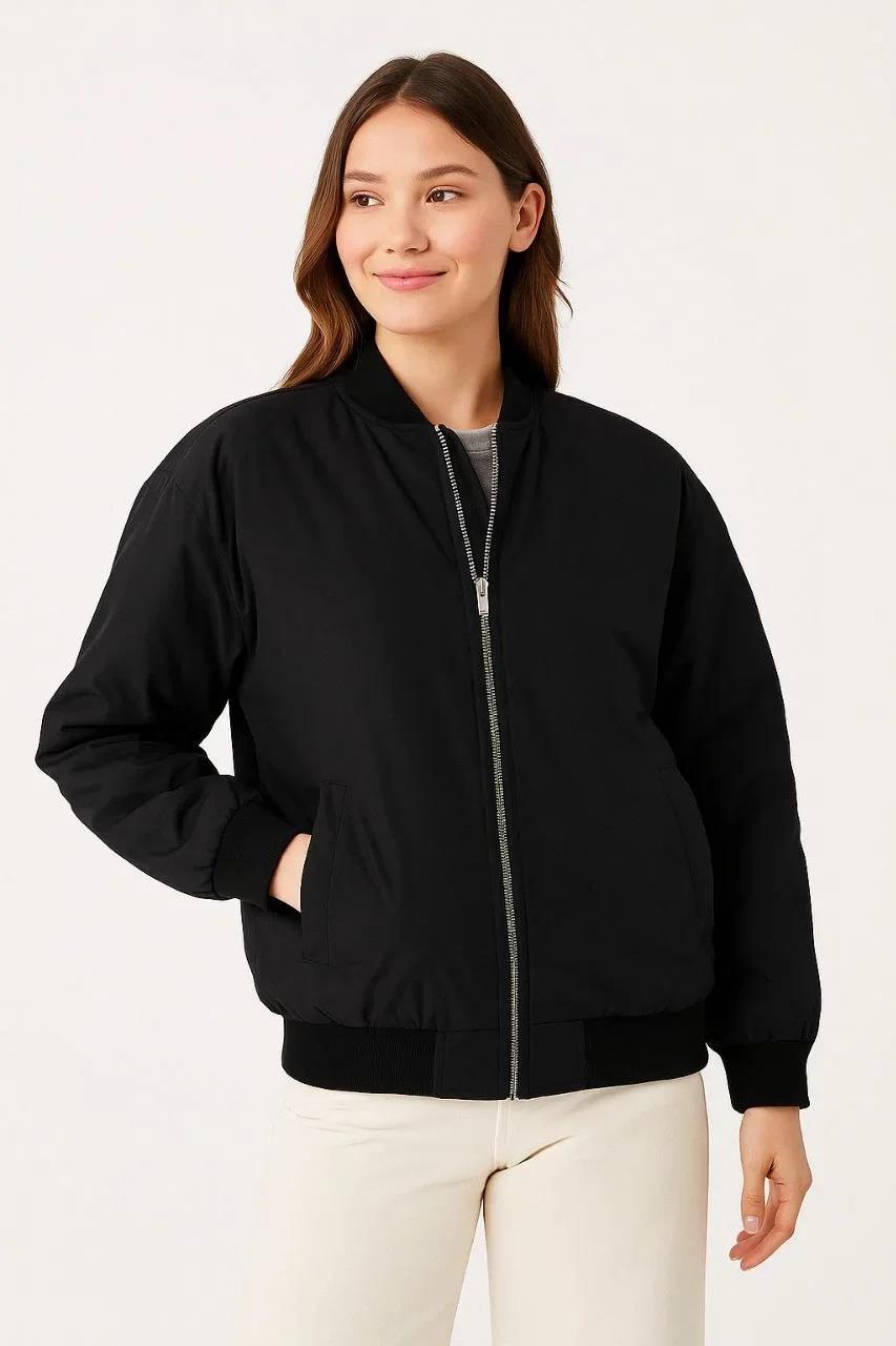 Kadın Bomber Mont Ceket – Fermuarlı, Kapitone İçi Astarlı, Su İtici Kumaş, Regular Fit, Yandan Cepli, Günlük Bahar & Kış Şık Rahat Stil - Siyah