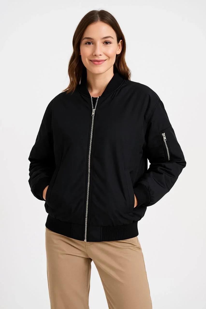 Kadın Bomber Mont Ceket – Fermuarlı, Kapitone İçi Astarlı, Su İtici Kumaş, Regular Fit, Yandan Cepli, Günlük Bahar & Kış Şık Rahat Stil - Siyah