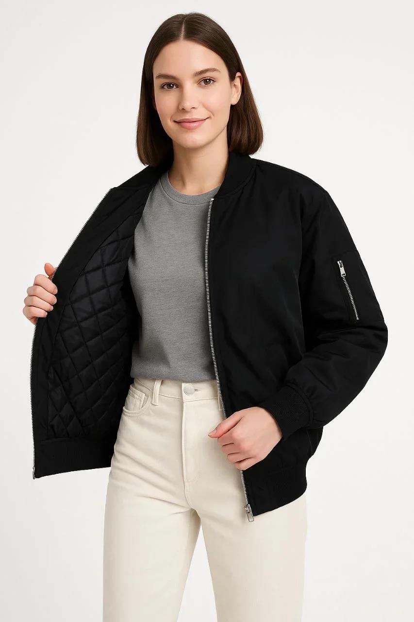 Kadın Bomber Mont Ceket – Fermuarlı, Kapitone İçi Astarlı, Su İtici Kumaş, Regular Fit, Yandan Cepli, Günlük Bahar & Kış Şık Rahat Stil - Siyah