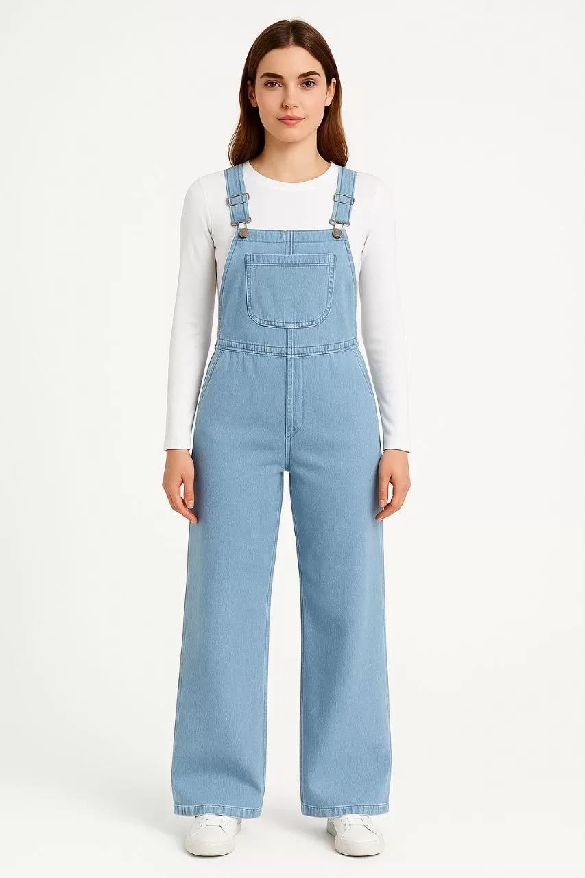 Kadın Chambray Açık Mavi Denim Görünümlü Geniş Paça Salopet Tulum - Mavi