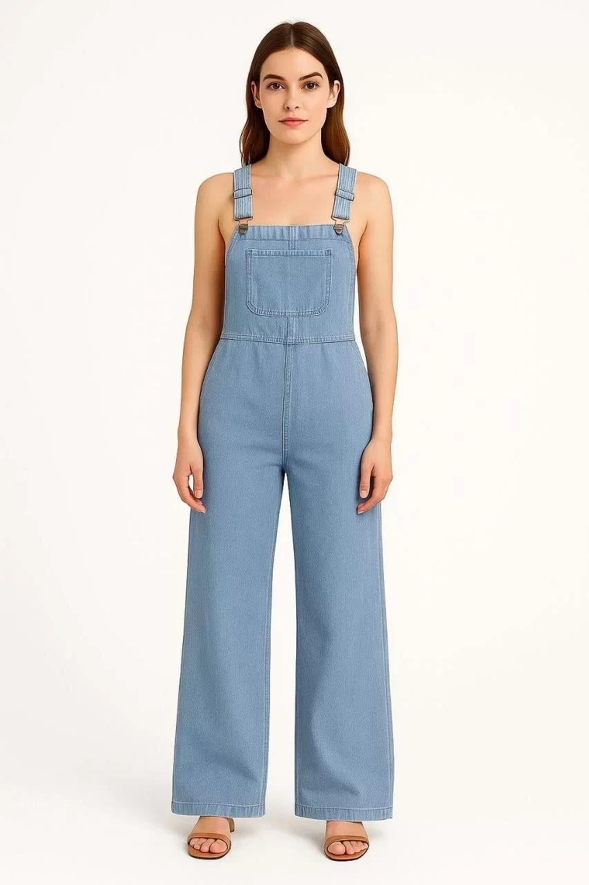 Kadın Chambray Açık Mavi Denim Görünümlü Geniş Paça Salopet Tulum - Mavi
