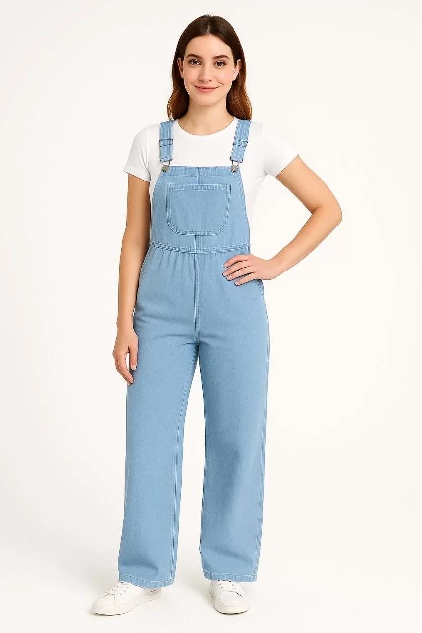 Kadın Chambray Açık Mavi Denim Görünümlü Geniş Paça Salopet Tulum - Mavi