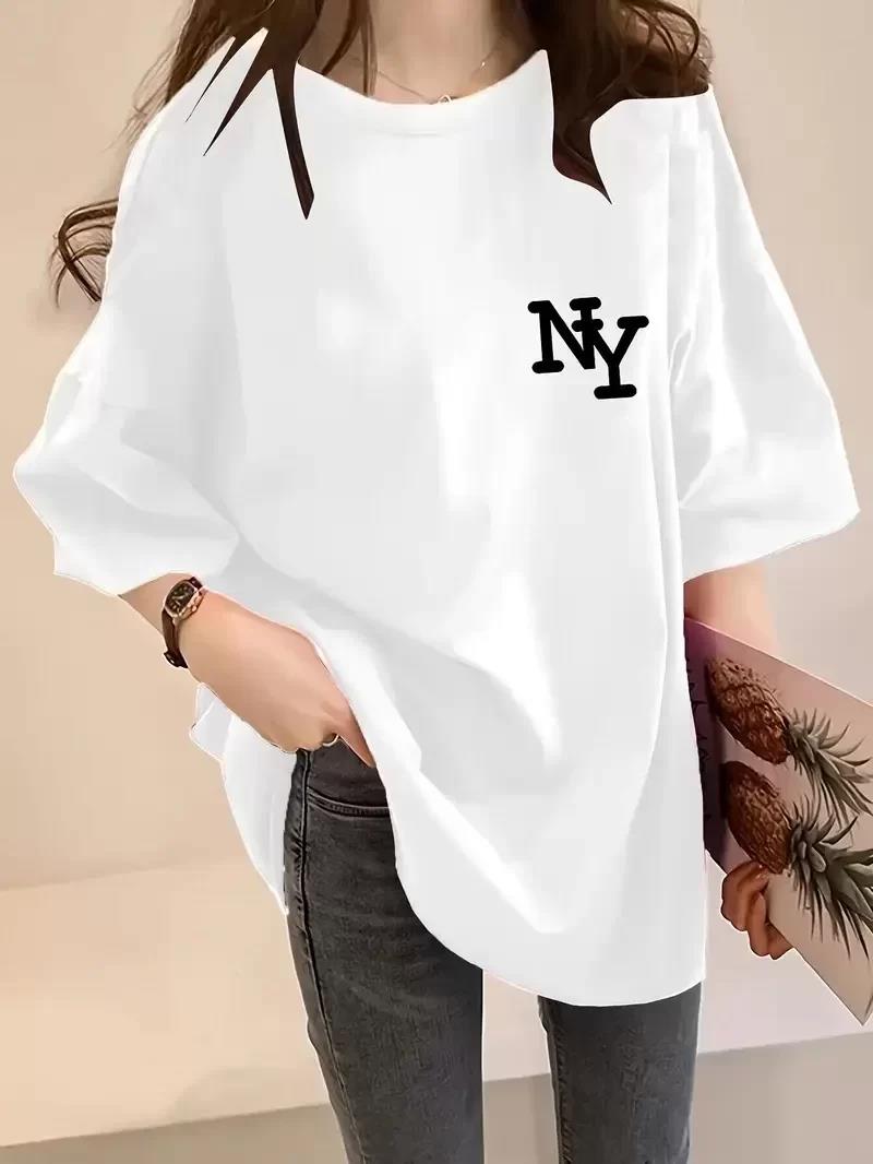 Kadın Eğlenceli Harf NY Baskılı Bisiklet Yaka Tişört - Rahat Polyester, Makinede Yıkanabilir - Yaz ve Fitness için Mükemmel, Yuvarlak Yaka- Beyaz