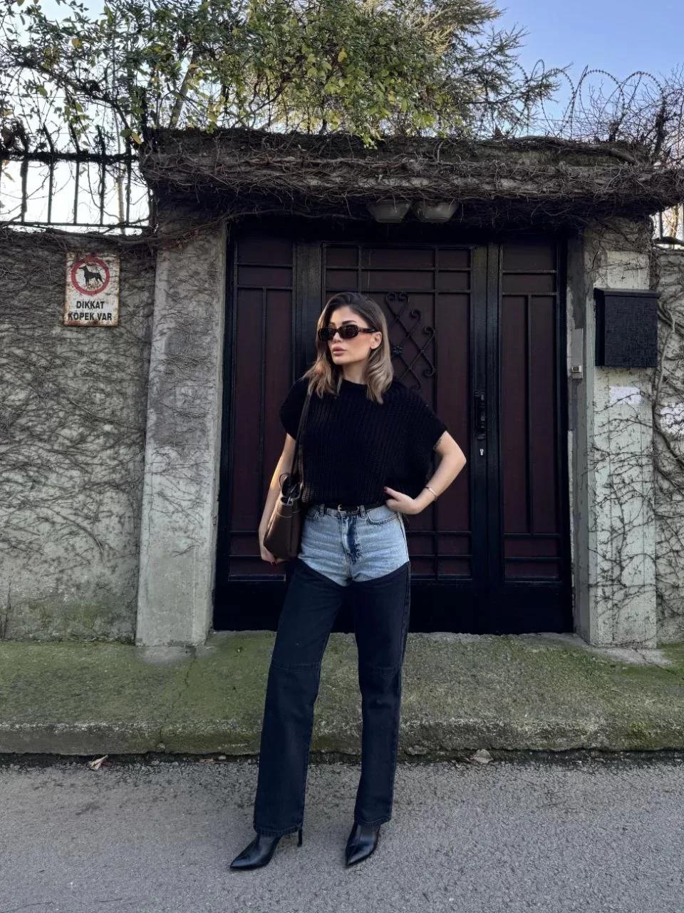 Kadın Jeans Kot Parçalı Palazzo Pantolon - Siyah