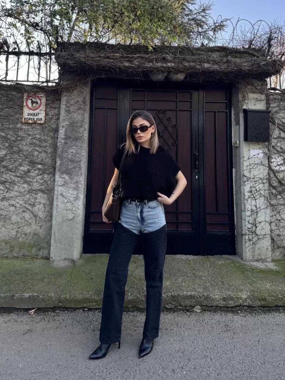 Kadın Jeans Kot Parçalı Palazzo Pantolon - Siyah