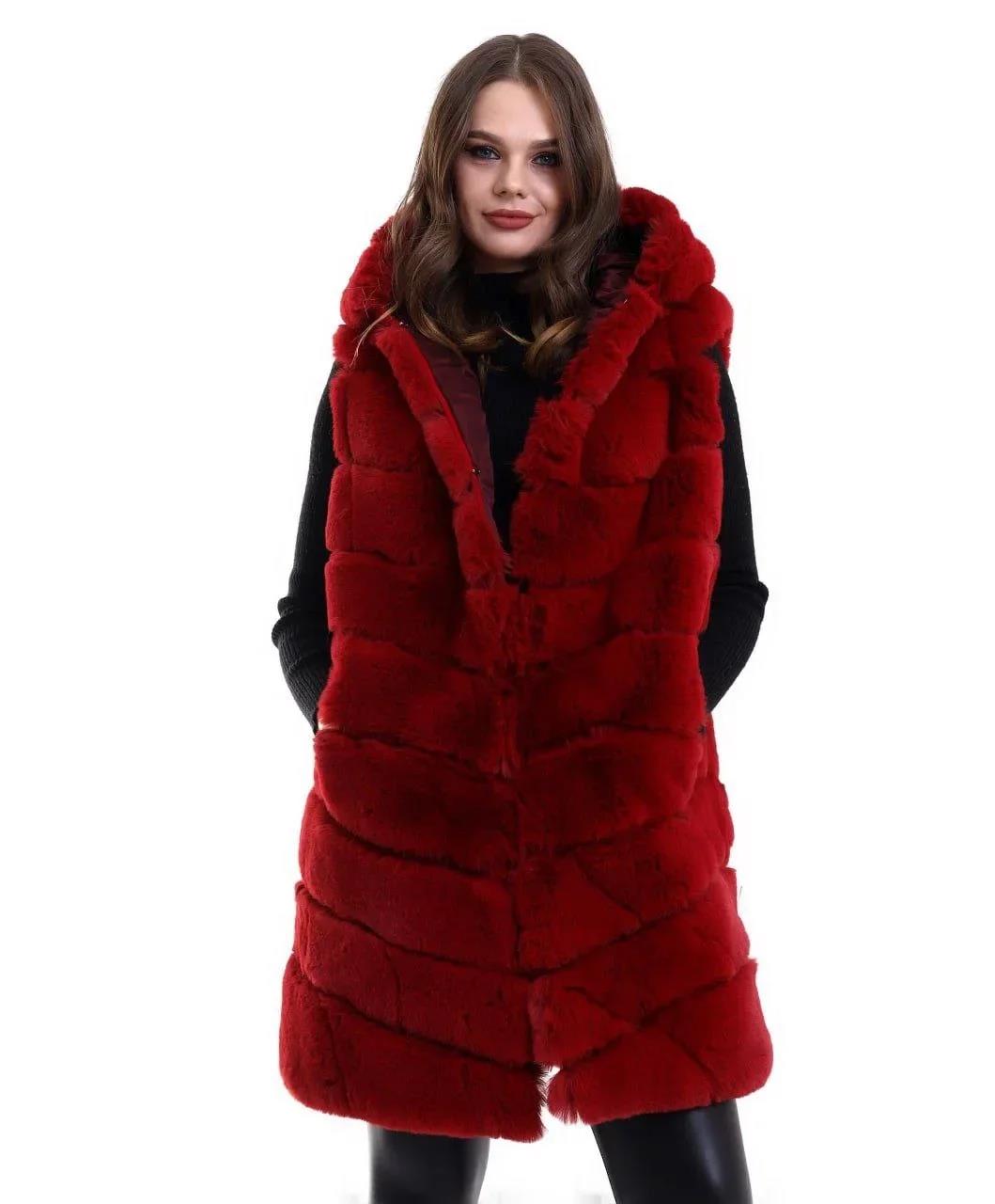 Kadın Kapşonlu Peluş Kürk Yelek Premium Kalite, Tam Astarlı, Uzun Model - Kırmızı