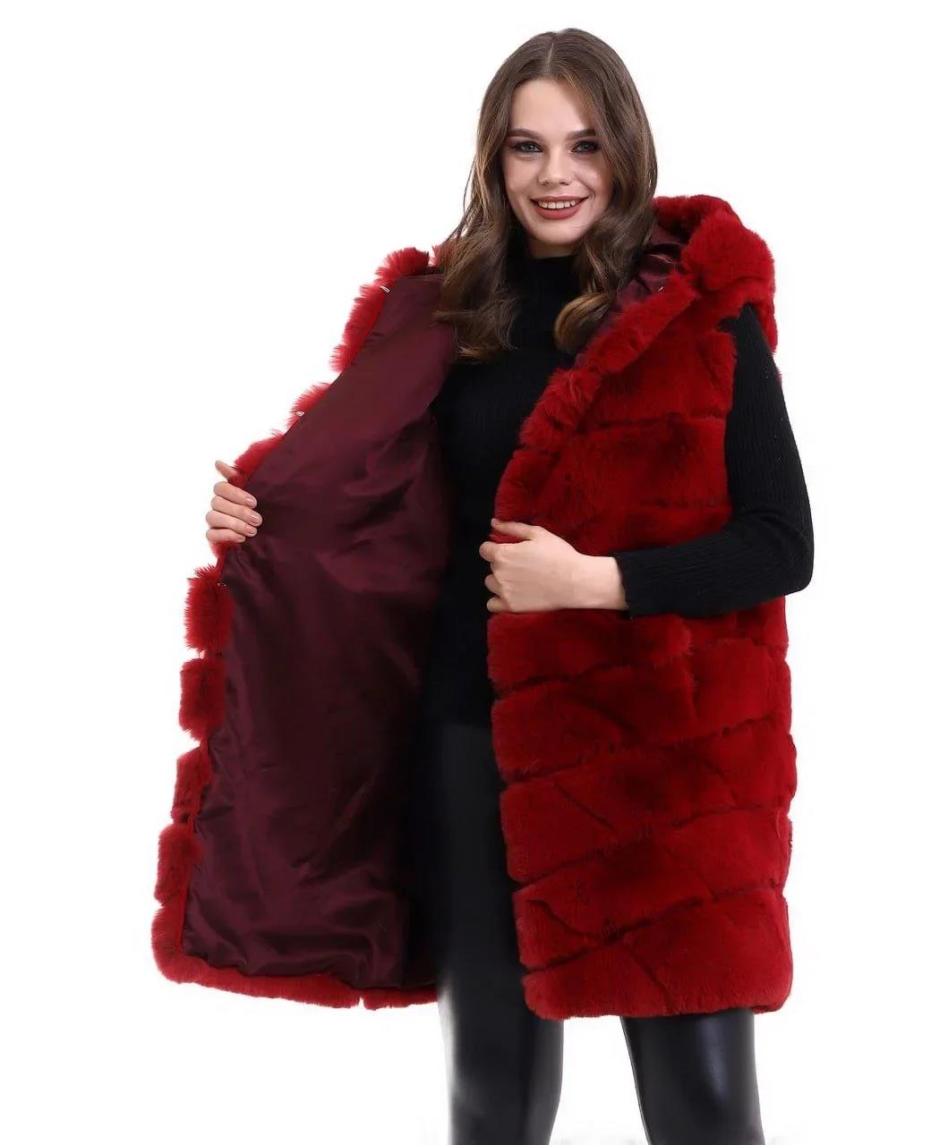 Kadın Kapşonlu Peluş Kürk Yelek Premium Kalite, Tam Astarlı, Uzun Model - Kırmızı