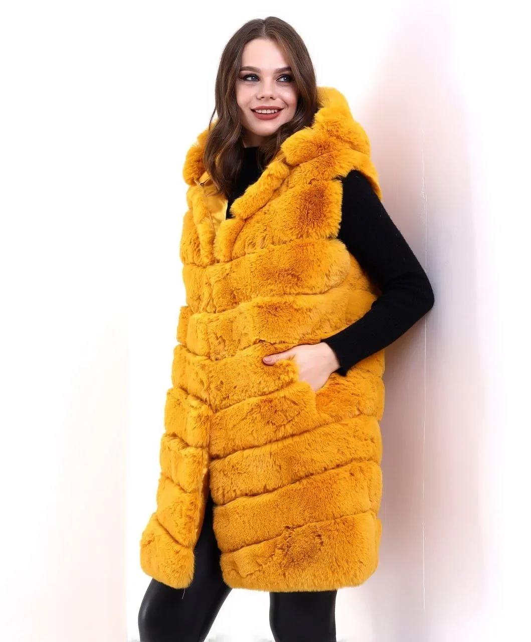 Kadın Kapşonlu Peluş Kürk Yelek Premium Kalite, Tam Astarlı, Uzun Model - Sarı
