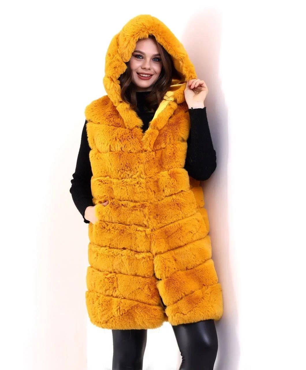 Kadın Kapşonlu Peluş Kürk Yelek Premium Kalite, Tam Astarlı, Uzun Model - Sarı