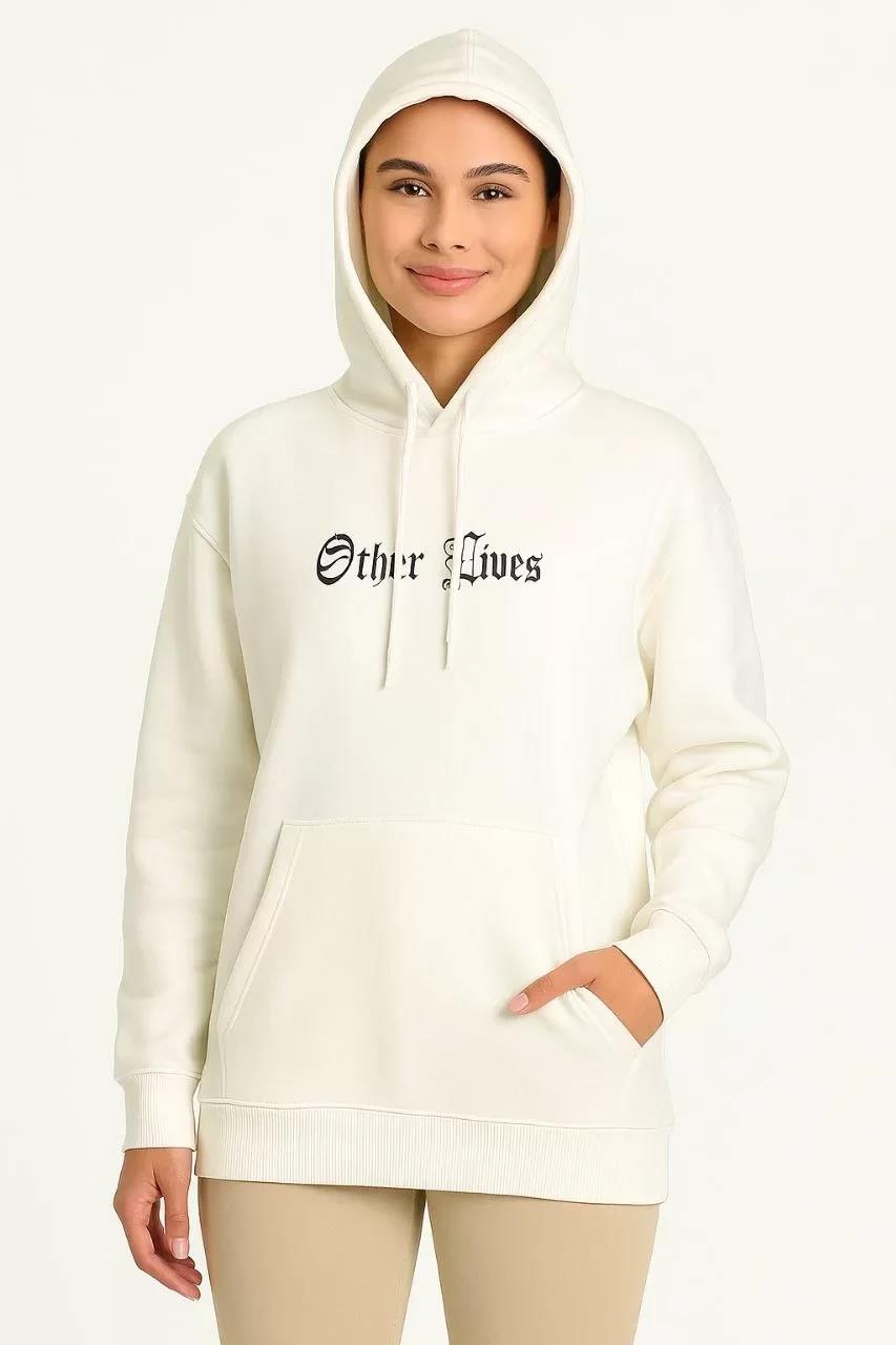 Kadın Kapşonlu Sweatshirt – Oversize Üç İplik Şardonlu Hoodie, “Other Lives” Ön & Arka Baskılı, Kanguru Cepli, Kışlık Rahat Günlük Stil - Beyaz