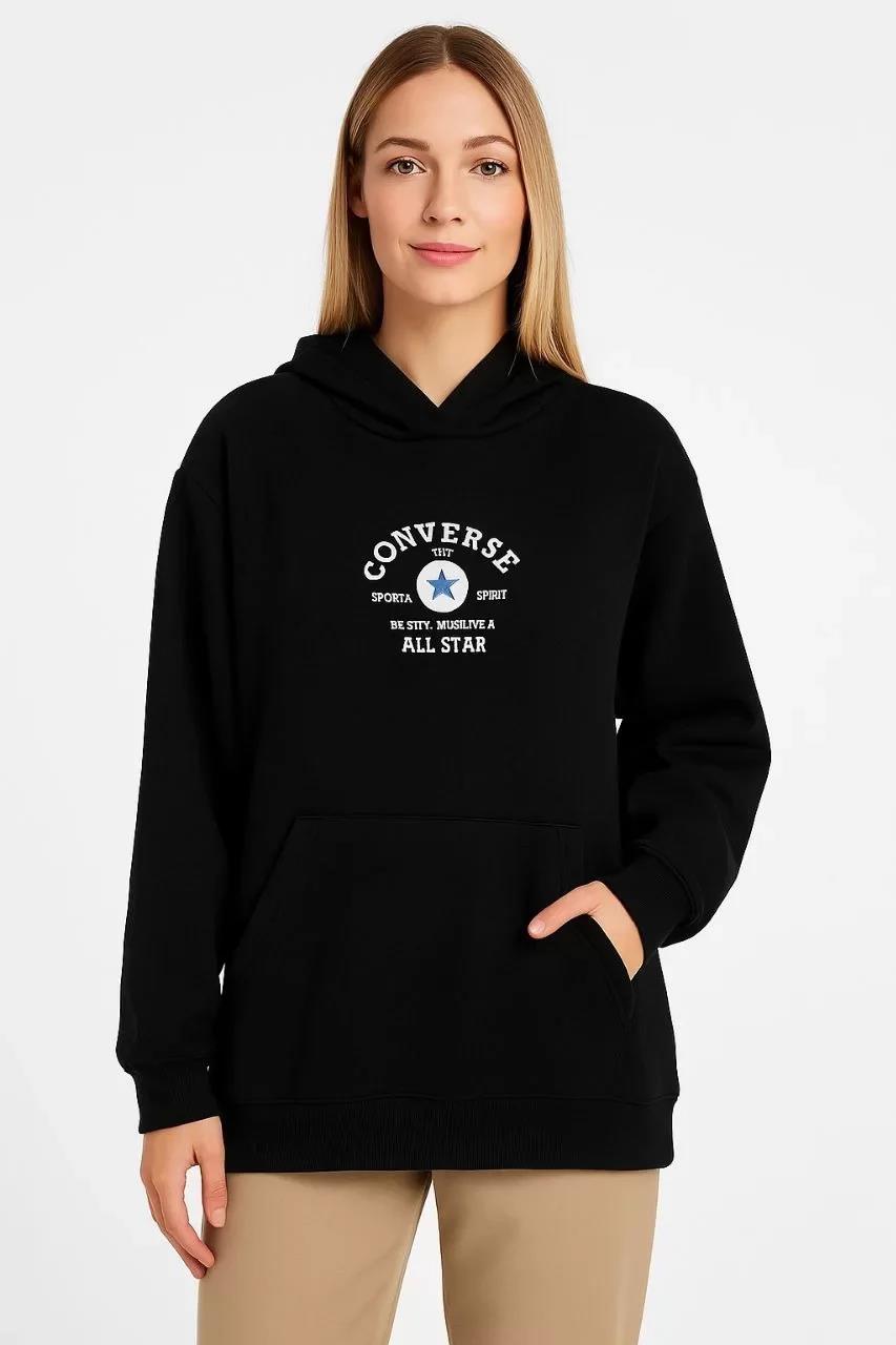 Kadın Kapşonlu Sweatshirt – Üç İplik Şardonlu Kumaş, Oversize Fit, Ön & Arka Baskılı, Kanguru Cepli, Kışlık Rahat Hoodie- Siyah