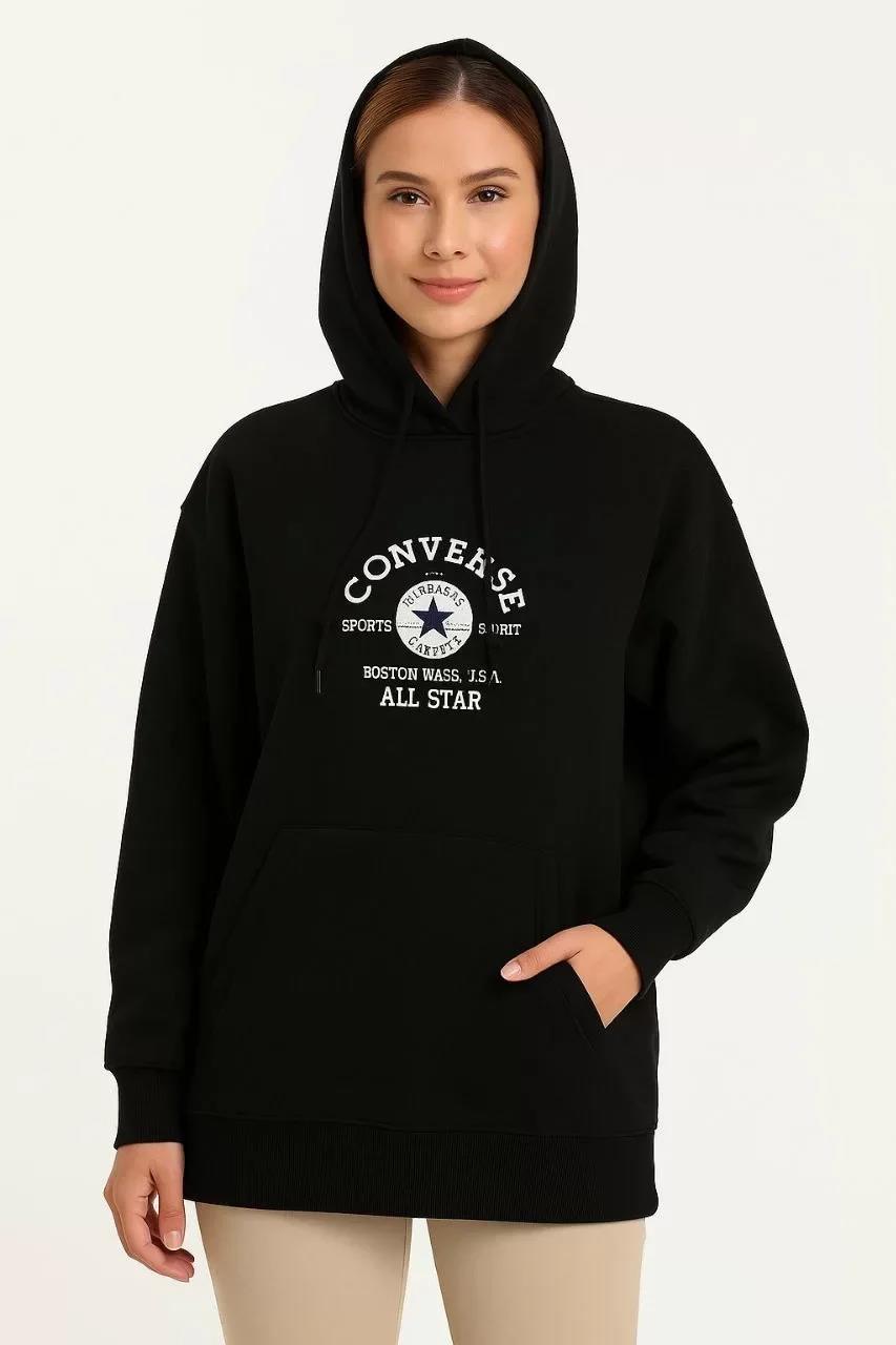 Kadın Kapşonlu Sweatshirt – Üç İplik Şardonlu Kumaş, Oversize Fit, Ön & Arka Baskılı, Kanguru Cepli, Kışlık Rahat Hoodie- Siyah