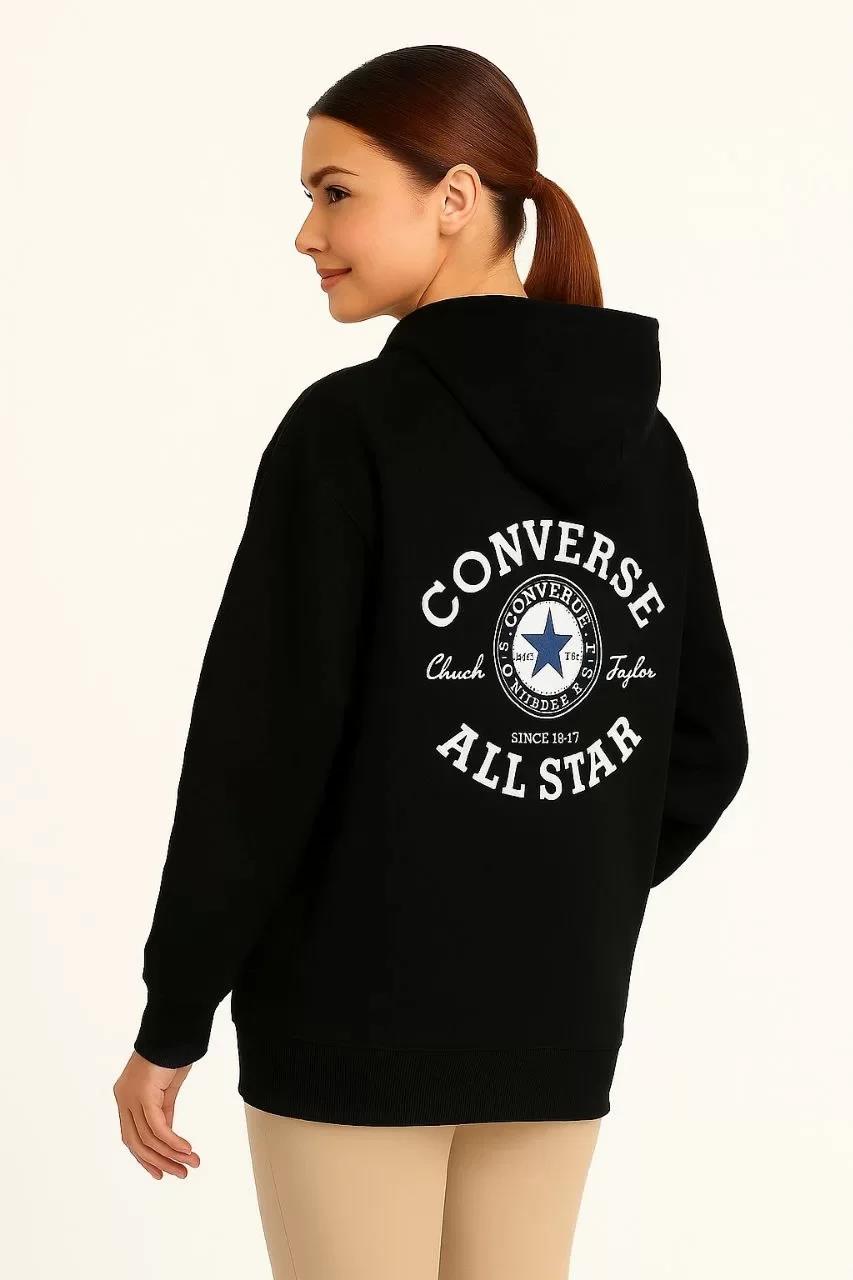 Kadın Kapşonlu Sweatshirt – Üç İplik Şardonlu Kumaş, Oversize Fit, Ön & Arka Baskılı, Kanguru Cepli, Kışlık Rahat Hoodie- Siyah