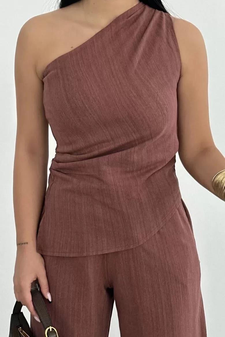 Kadın Keten Asimetrik Tek Omuzlu Bluz Pantalon Takım- Bordo