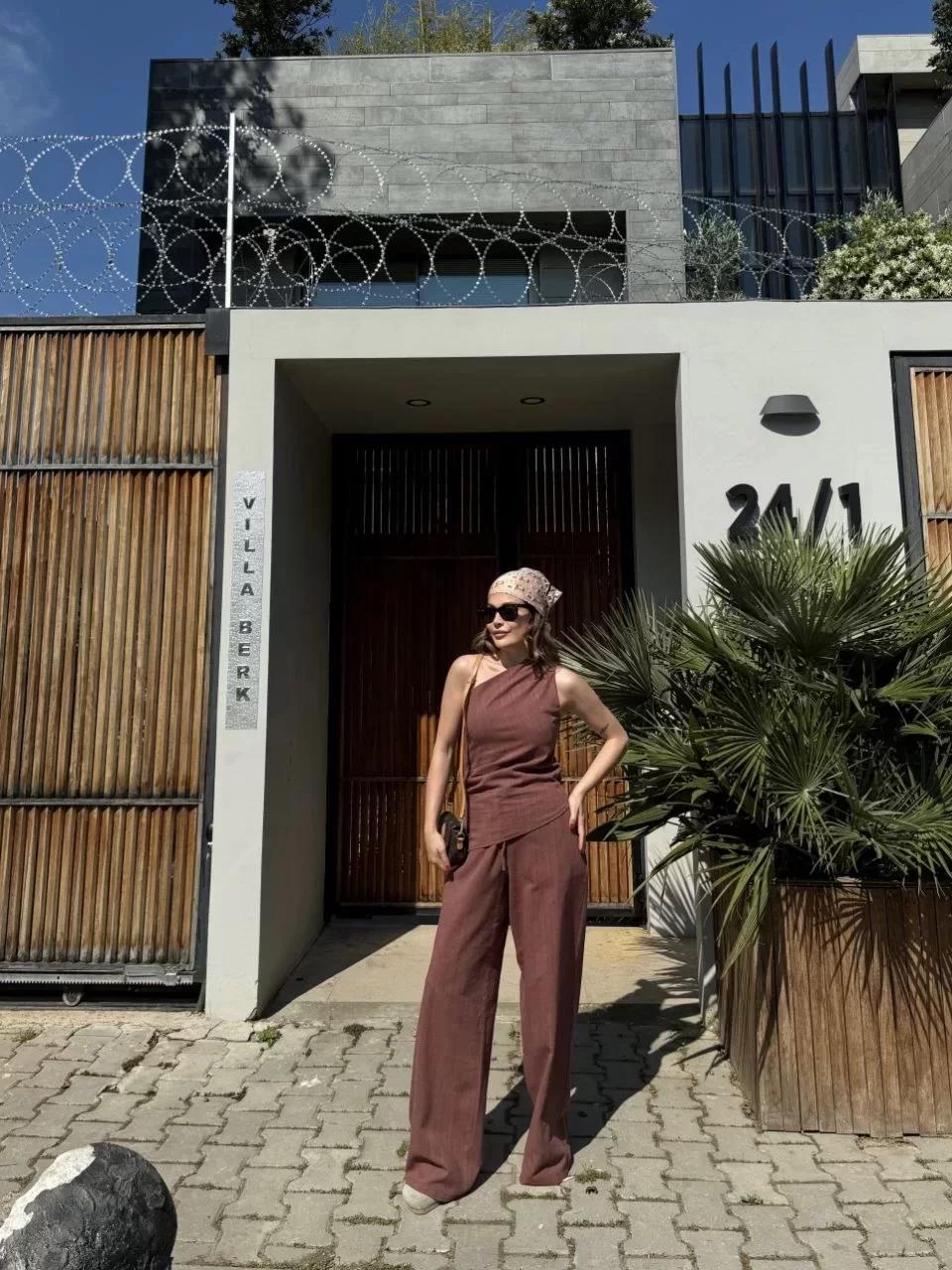 Kadın Keten Asimetrik Tek Omuzlu Bluz Pantalon Takım- Bordo
