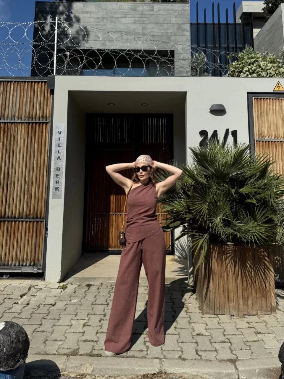 Kadın Keten Asimetrik Tek Omuzlu Bluz Pantalon Takım- Bordo