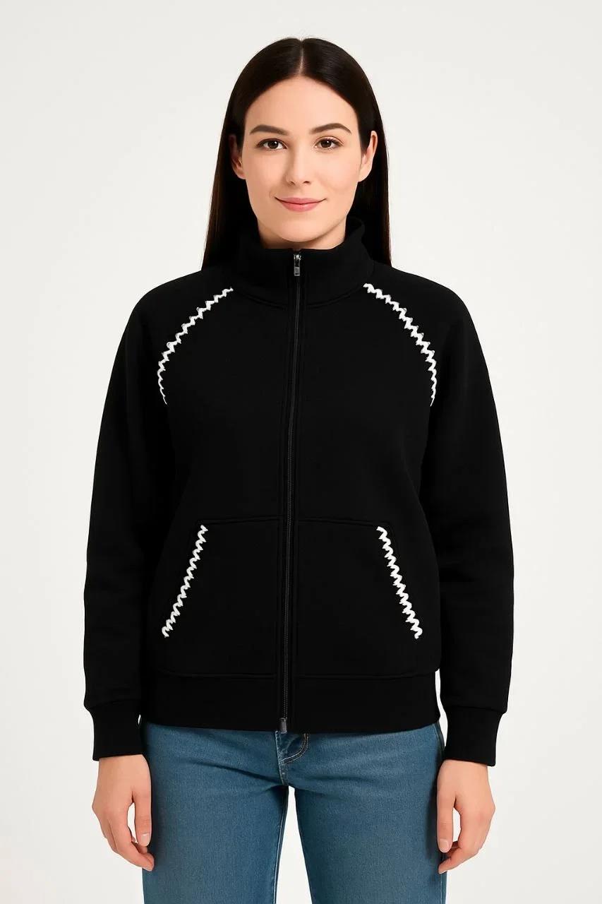 Kadın Oversize Dik Yaka Fermuarlı Sweatshirt - Zincir Nakışli Kanguru Cepli, - Siyah
