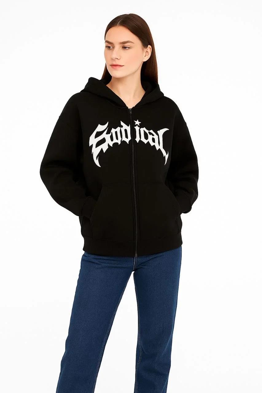 Kadın Oversize Kapüşonlu Sweatshirt  Hoodie 3 İplik Şardonlu Pamuklu Kumaş, Önü Baskılı, Fermuarlı Rahat Kalıp, Kışlık ve Sokak Stili Sweat - Siyah