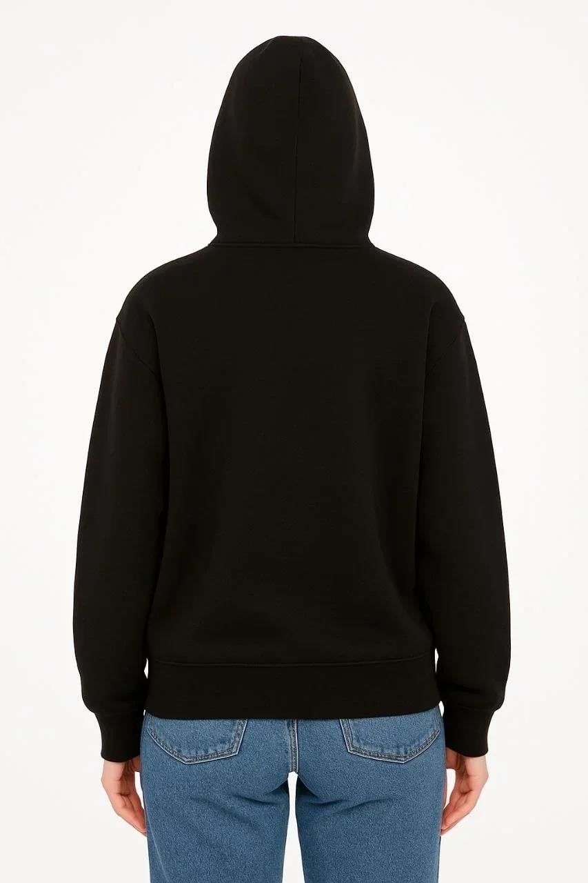 Kadın Oversize Kapüşonlu Sweatshirt  Hoodie 3 İplik Şardonlu Pamuklu Kumaş, Önü Baskılı, Fermuarlı Rahat Kalıp, Kışlık ve Sokak Stili Sweat - Siyah