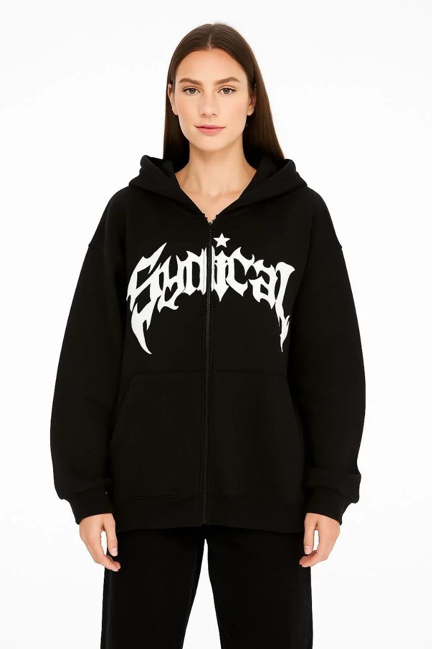 Kadın Oversize Kapüşonlu Sweatshirt  Hoodie 3 İplik Şardonlu Pamuklu Kumaş, Önü Baskılı, Fermuarlı Rahat Kalıp, Kışlık ve Sokak Stili Sweat - Siyah