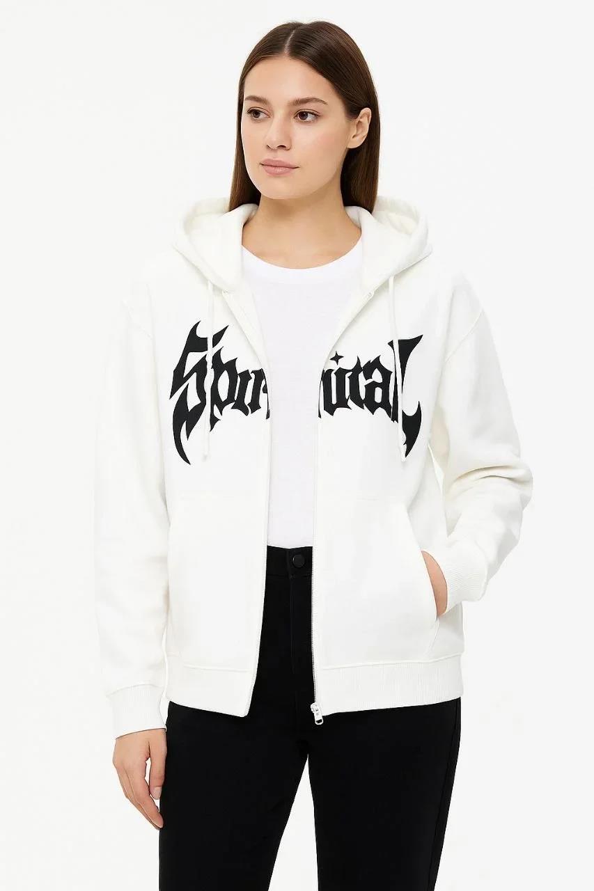 Kadın Oversize Kapüşonlu Sweatshirt Hoodie 3 İplik Şardonlu Pamuklu Kumaş, Önü Baskılı, Fermuarlı Rahat Kalıp, Kışlık ve Sokak Stili Sweat - Beyaz