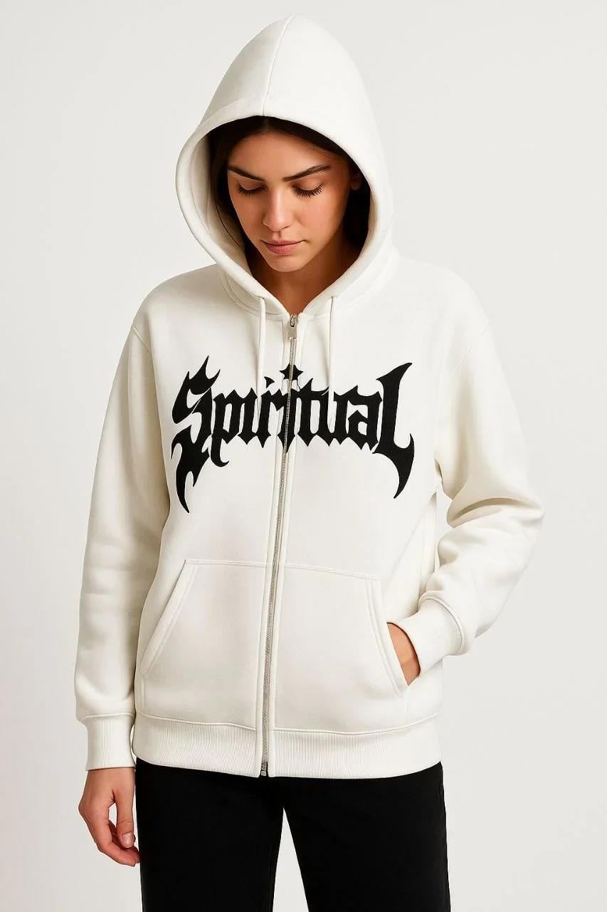 Kadın Oversize Kapüşonlu Sweatshirt Hoodie 3 İplik Şardonlu Pamuklu Kumaş, Önü Baskılı, Fermuarlı Rahat Kalıp, Kışlık ve Sokak Stili Sweat - Beyaz