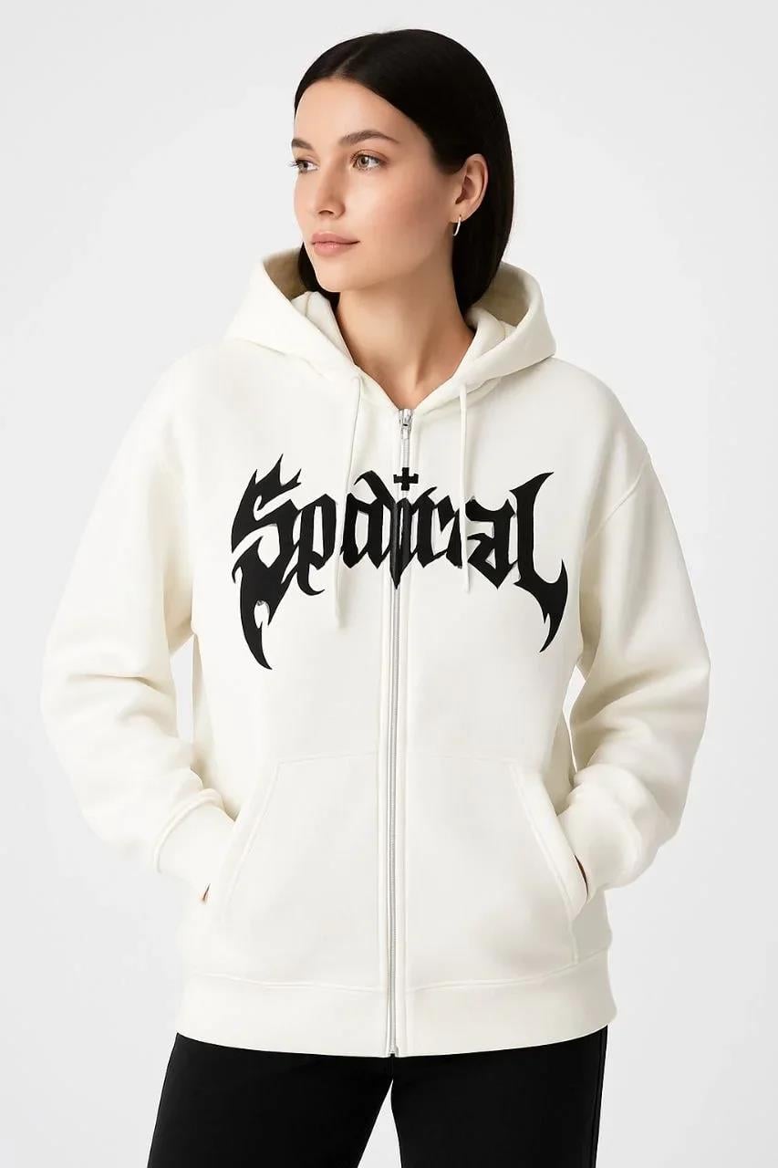 Kadın Oversize Kapüşonlu Sweatshirt Hoodie 3 İplik Şardonlu Pamuklu Kumaş, Önü Baskılı, Fermuarlı Rahat Kalıp, Kışlık ve Sokak Stili Sweat - Beyaz