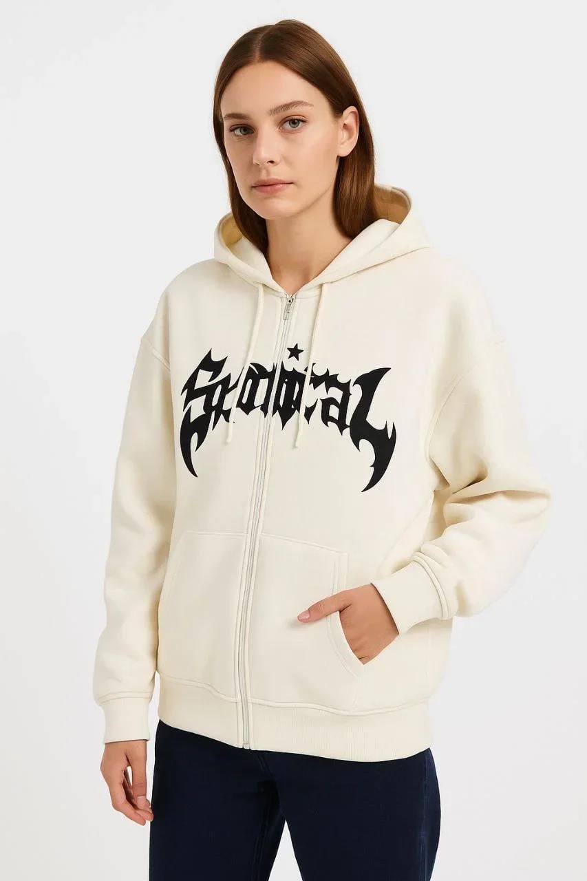 Kadın Oversize Kapüşonlu Sweatshirt Hoodie 3 İplik Şardonlu Pamuklu Kumaş, Önü Baskılı, Fermuarlı Rahat Kalıp, Kışlık ve Sokak Stili Sweat - Beyaz