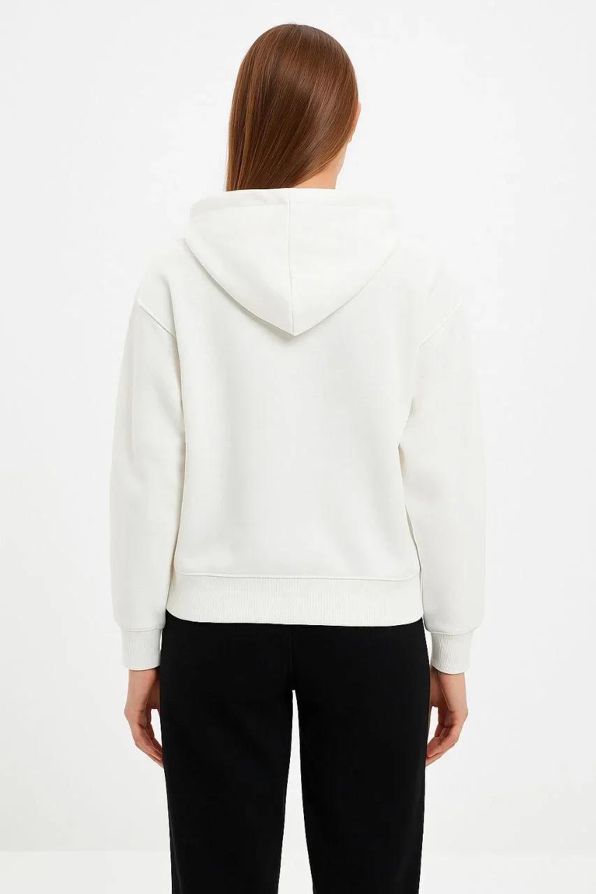 Kadın Oversize Kapüşonlu Sweatshirt Hoodie 3 İplik Şardonlu Pamuklu Kumaş, Önü Baskılı, Fermuarlı Rahat Kalıp, Kışlık ve Sokak Stili Sweat - Beyaz