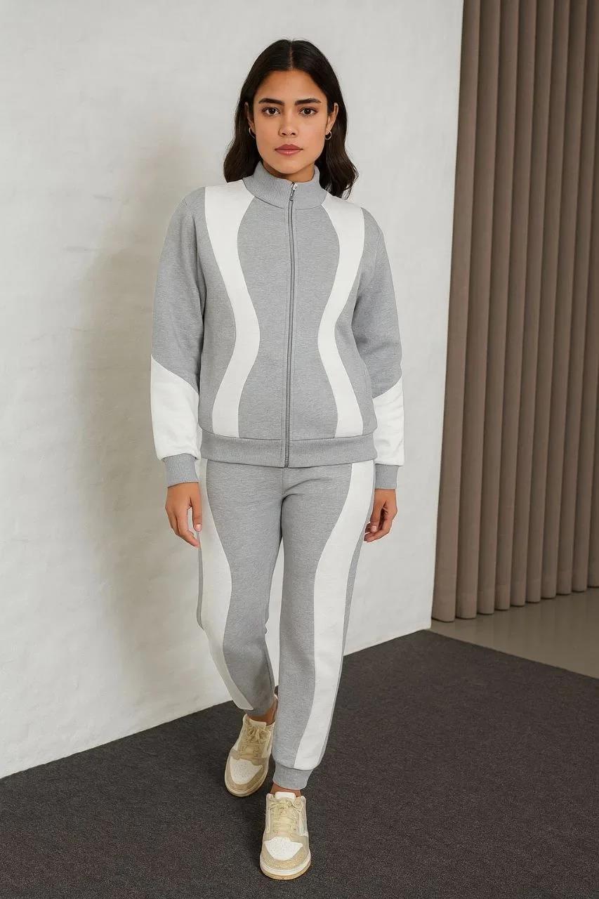 Kadın Premium Parçalı Eşofman Takım - Dik Yaka Fermuarlı Sweatshirt - Gri