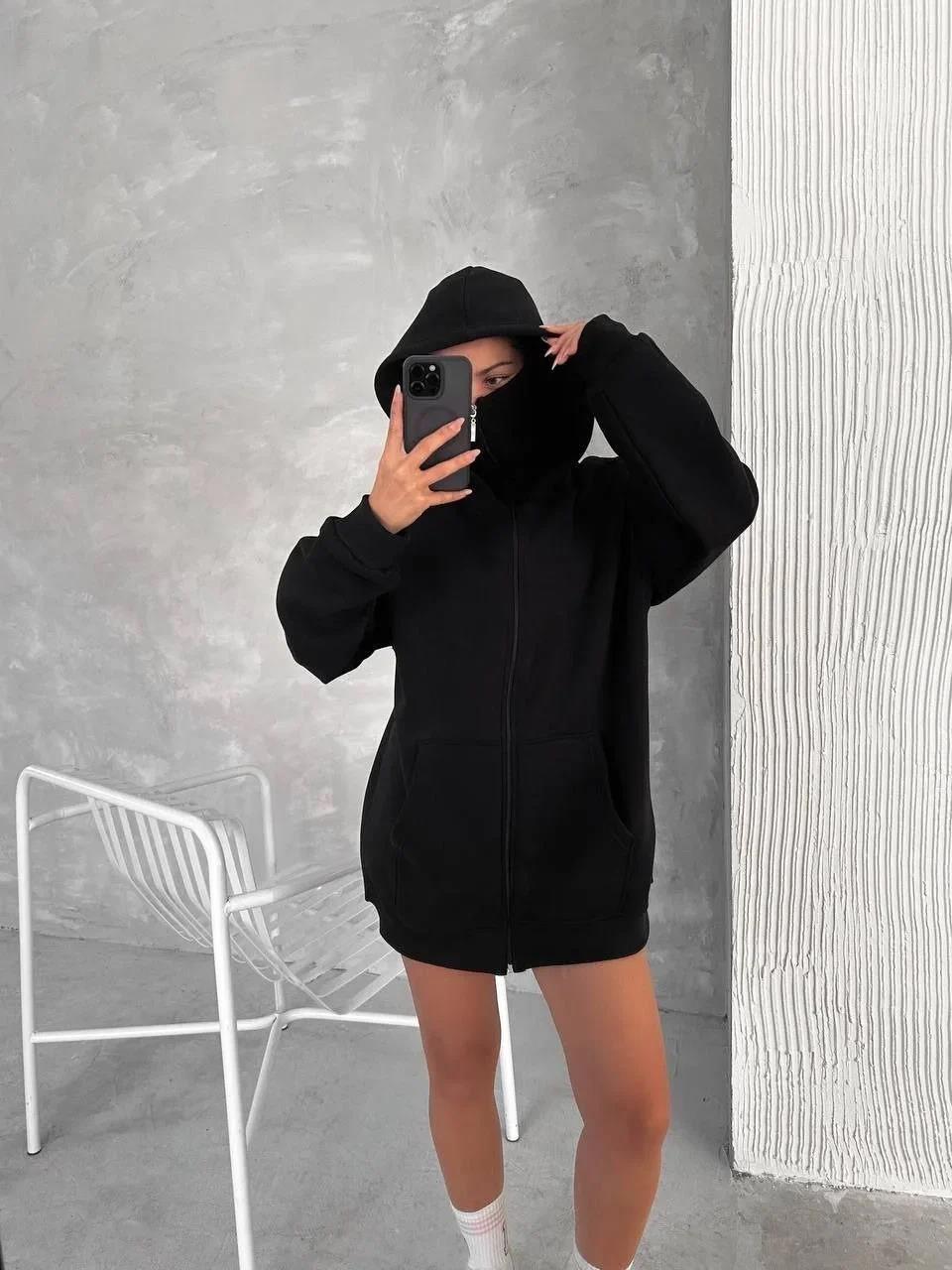 Kadın Samuray Ninja Çift Kapşonlu ZIP Fermuarlı Kanguru Çepli Hoodie Maske detaylı Swetshirt - Siyah