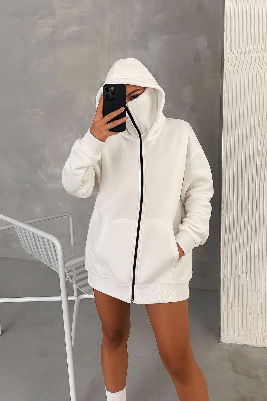 Kadın Samuray Ninja Çift Kapşonlu ZIP Fermuarlı Kanguru Çepli Hoodie Maske detaylı Swetshirt - Beyaz