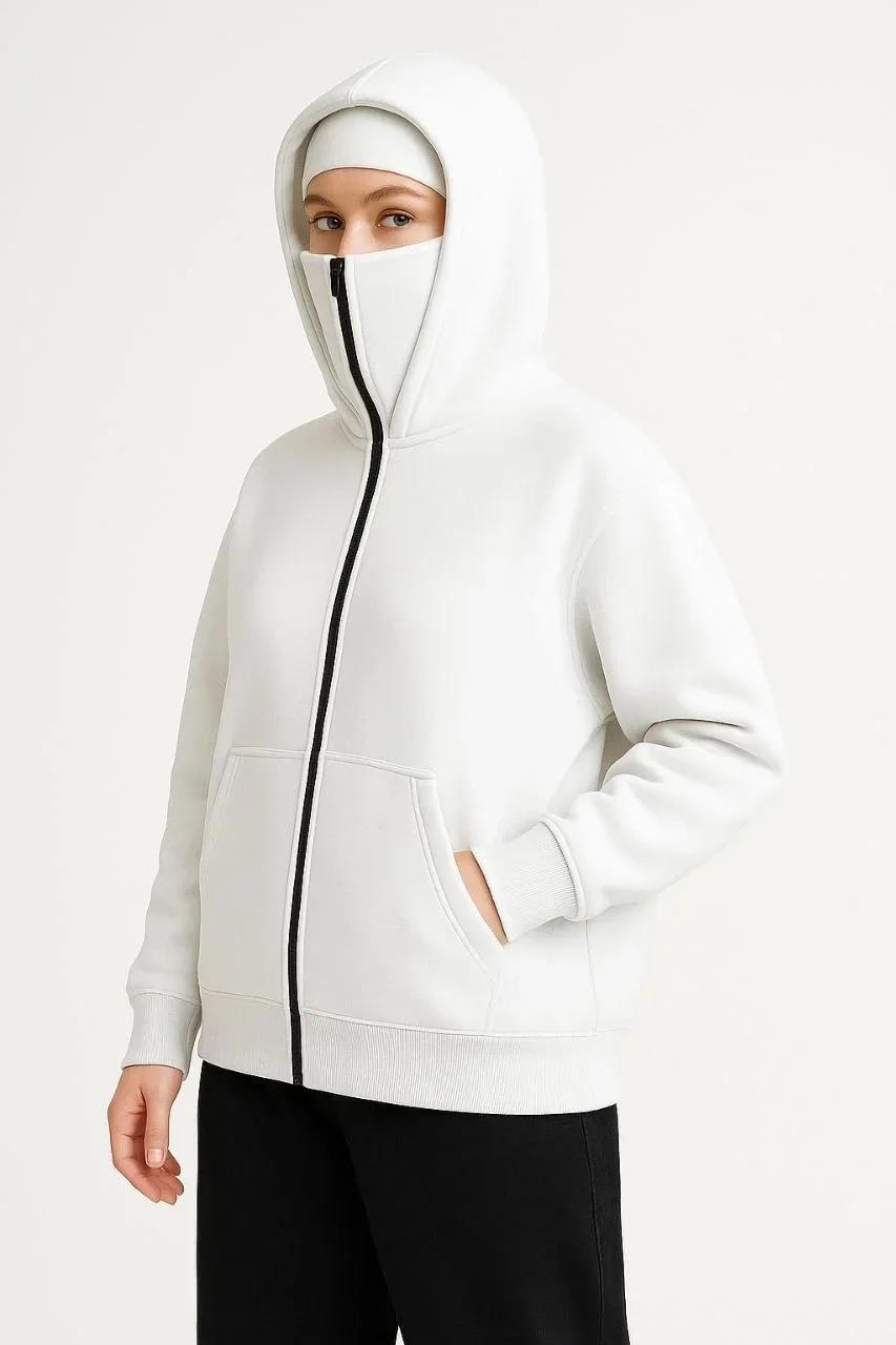 Kadın Samuray Ninja Çift Kapşonlu ZIP Fermuarlı Kanguru Çepli Hoodie Maske detaylı Swetshirt - Beyaz