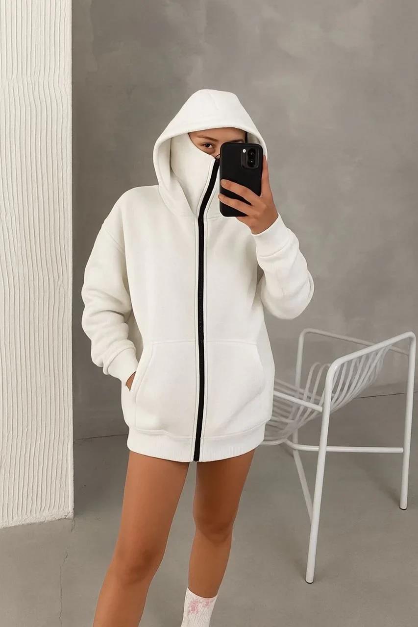 Kadın Samuray Ninja Çift Kapşonlu ZIP Fermuarlı Kanguru Çepli Hoodie Maske detaylı Swetshirt - Beyaz