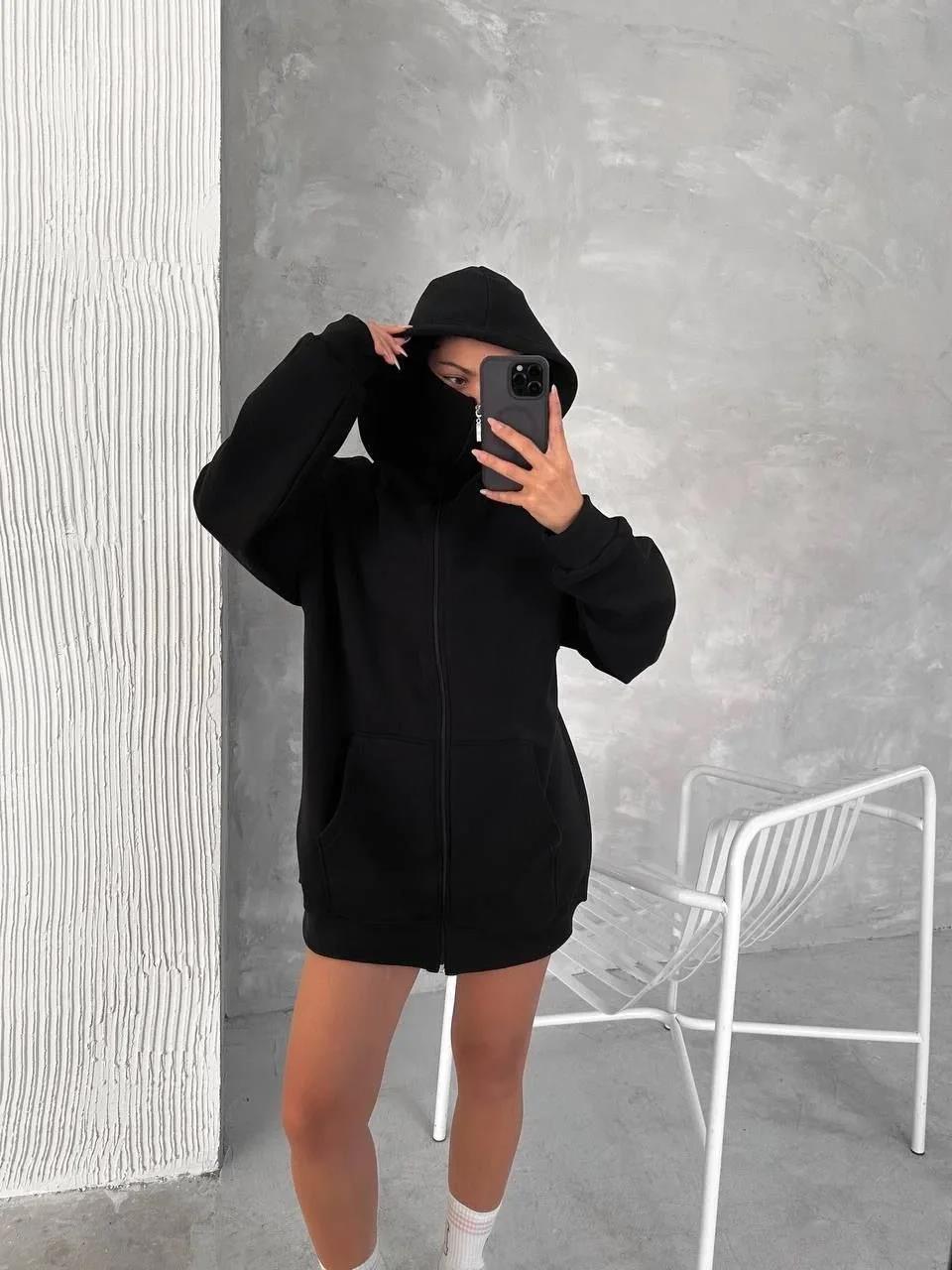 Kadın Samuray Ninja Çift Kapşonlu ZIP Fermuarlı Kanguru Çepli Hoodie Maske detaylı Swetshirt - Siyah