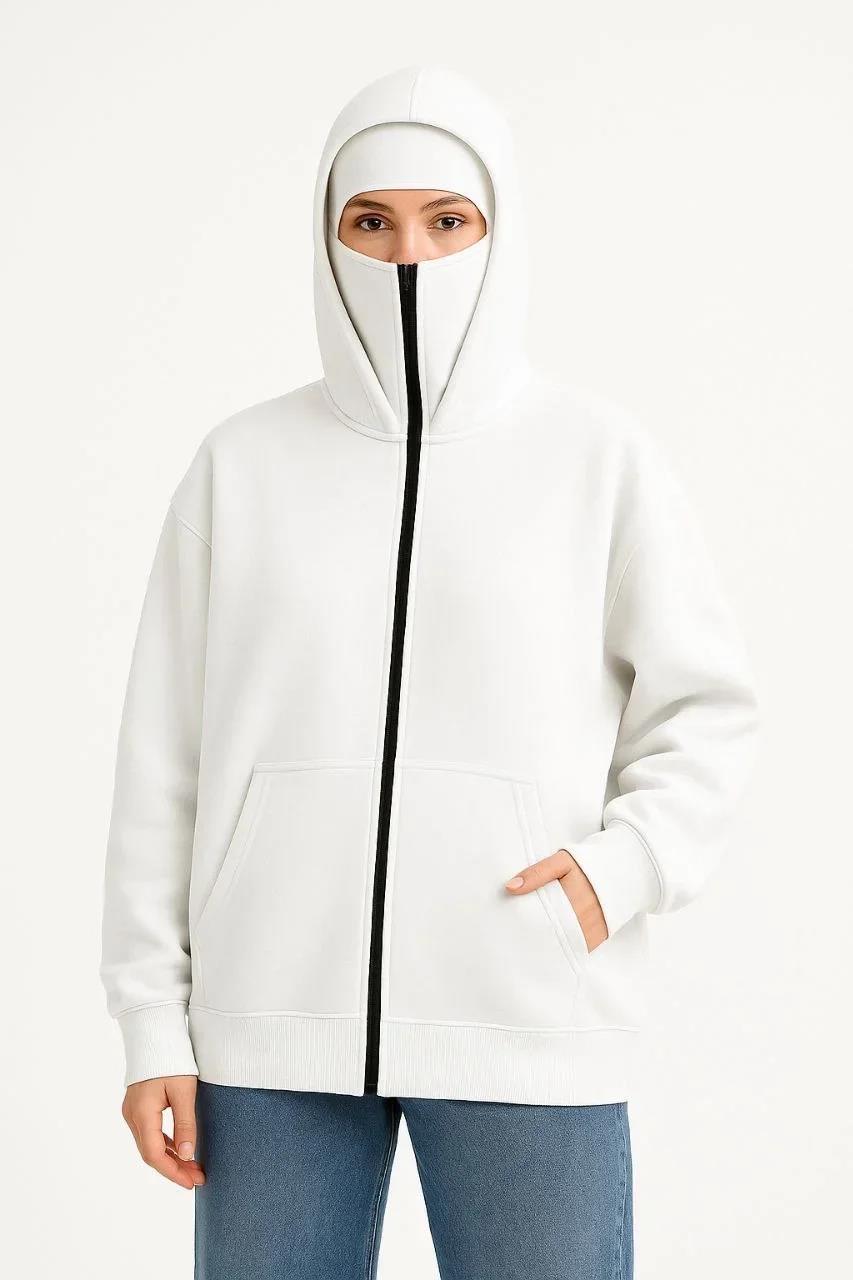 Kadın Samuray Ninja Çift Kapşonlu ZIP Fermuarlı Kanguru Çepli Hoodie Maske detaylı Swetshirt - Beyaz