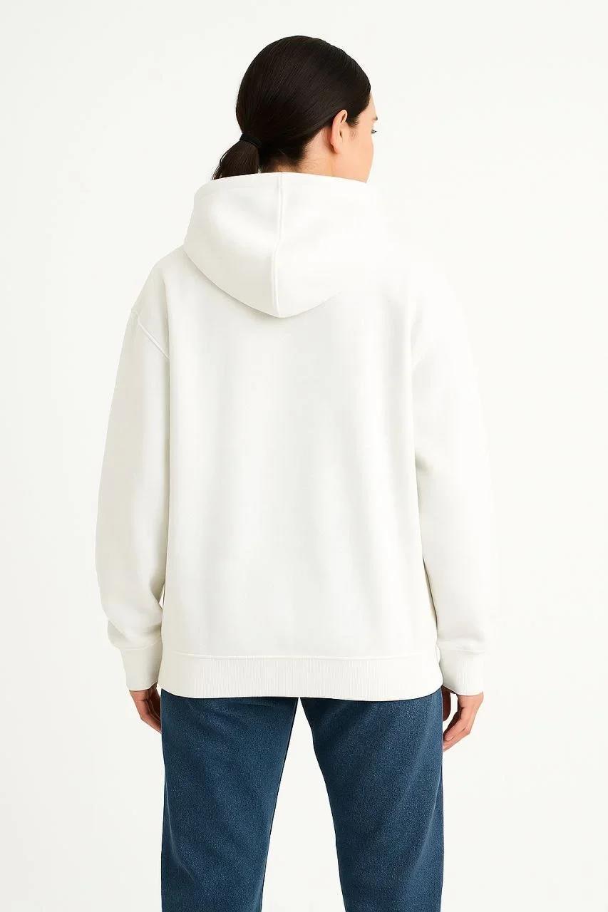 Kadın Samuray Ninja Çift Kapşonlu ZIP Fermuarlı Kanguru Çepli Hoodie Maske detaylı Swetshirt - Beyaz
