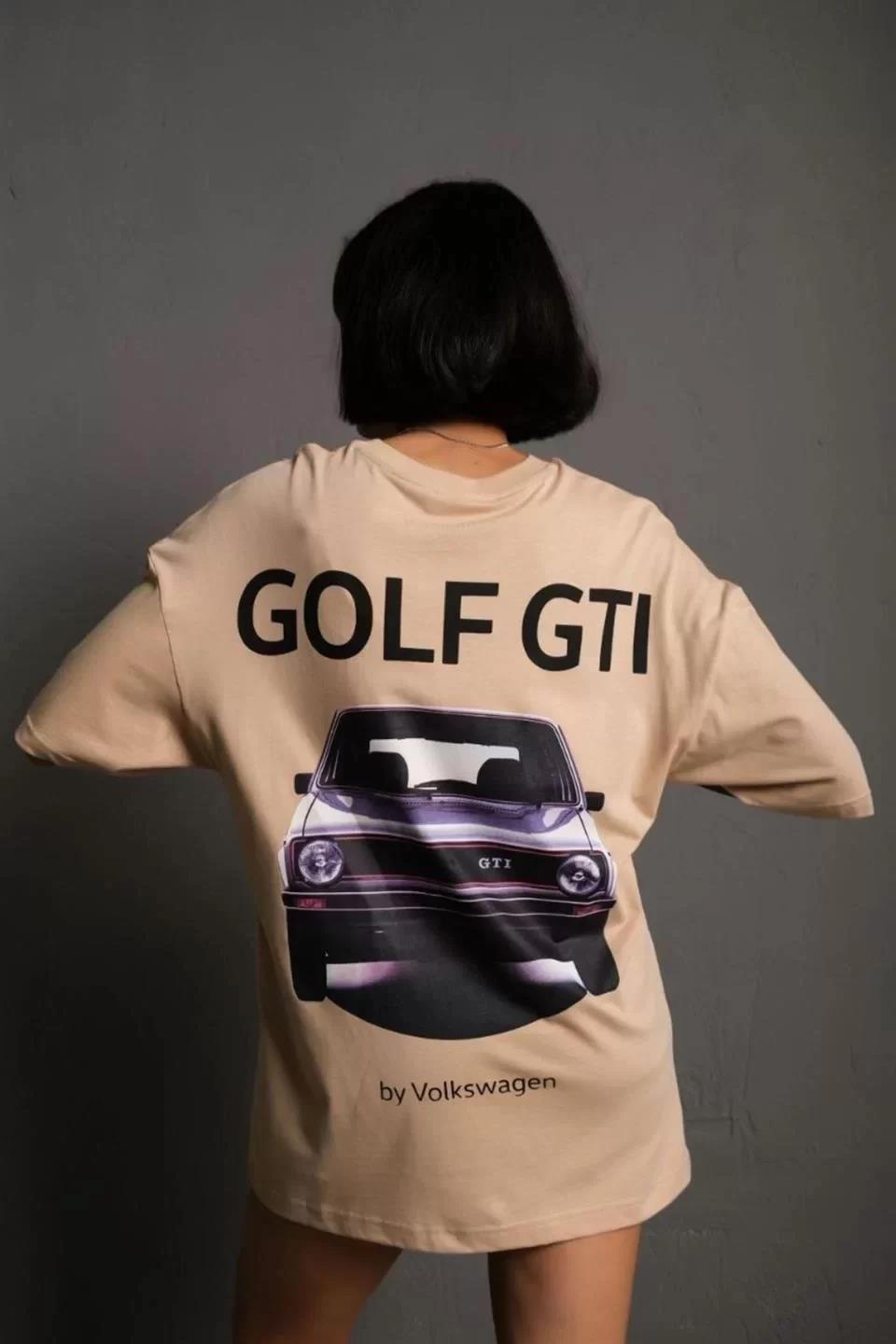 Kadın Sırt Golf Gtı Baskılı Oversize T-shirt - Bej