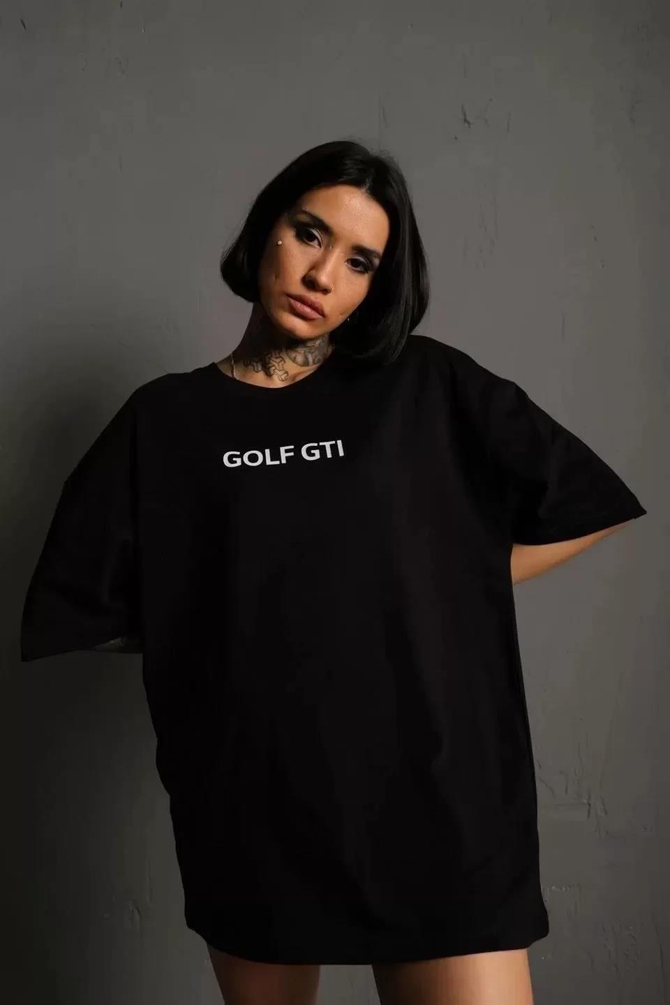 Kadın Sırt Golf Gtı Baskılı Oversize T-shirt - Siyah