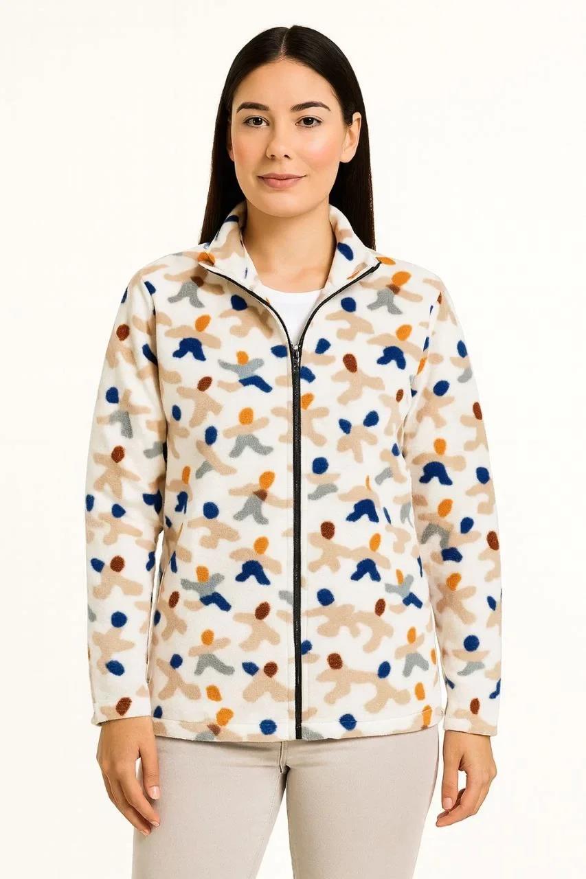 Kadın Tam Fermuarlı Desenli Polar Sweat – Siyah Multicolor Figür Desen Yakalı, Uzun Kollu, Oversize Rahat Kalıp - Beyaz