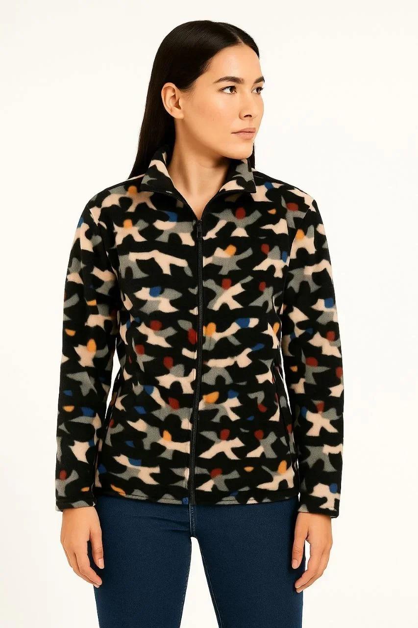 Kadın Tam Fermuarlı Desenli Polar Sweat – Siyah Multicolor Figür Desen Yakalı, Uzun Kollu, Oversize Rahat Kalıp - Siyah